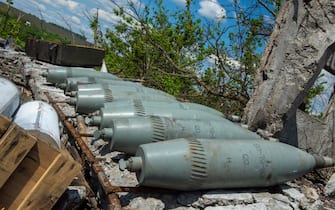 KHARKIV, UKRAINE - MAY 19: Russian shells are seen in a damaged field in the village of Biskvitne, Kharkiv region, Ukraine on May 19, 2022. (Photo by Sofia Bobok/Anadolu Agency via Getty Images)