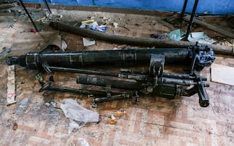 LYSYCHANSK, UKRAINE - 2022/05/28: Mortar weapon seen in Lysychansk, Luhansk region. Lysychansk is a city on the high right bank of the Donets River in the Luhansk region. The city is part of a metropolitan area including Severodonetsk and Rubizhne; the three towns constitute one of Ukraine's largest chemical complexes. Lysychansk is now the frontline since the Russian troops destroyed the bridge connecting Severodonetsk to Lysychansk. Russian troops are attacking the city and moving towards it. The Russian army occupies the main road that connects Lysychansk to Kramatorsk. (Photo by Rick Mave/SOPA Images/LightRocket via Getty Images)