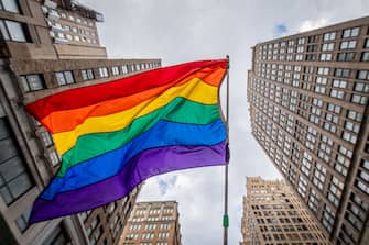MANHATTAN, NEW YORK, UNITED STATES - 2021/06/27: A rainbow flag seen flying at the narch. Thousands of New Yorkers took to the streets of Manhattan to participate on the Reclaim Pride Coalition's third annual Queer Liberation March, where no police, politicians or corporations were allowed to participate. (Photo by Erik McGregor/LightRocket via Getty Images)