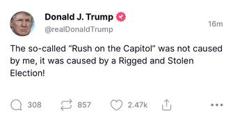 L’assalto al Congresso “non è stato causato da me ma è stato causato dalle elezioni rubate”. Lo afferma Donald Trump in uno degli otto messaggi pubblicati sul suo social Truth