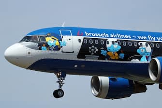 Airbus A320-214, from Brussels Airlines (The Smurfs Livery) company, landing at the Barcelona airport, in Barcelona on 18th May 2022. 
 -- (Photo by Urbanandsport/NurPhoto via Getty Images)