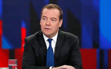 Russian Prime Minister Dmitry Medvedev attends an annual televised interview with Russian TV channels during a program 'Conversation with Dmitry Medvedev' to sum up the results of government's work over the year at the Ostankino TV Center in Moscow, Russia, 05 December 2019.  ANSA/DMITRY ASTAKHOV / SPUTNIK / GOVERNMENT PRESS SERVICE POOL MANDATORY CREDIT