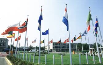NATO Headquarters, flags, Brussels, Belgium. (Photo by Jeff Overs/BBC News & Current Affairs via Getty Images)