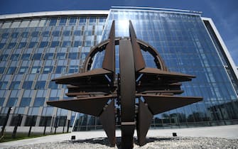 NATO's forecourt sculpture, also known as the 'NATO Star', is pictured at the new NATO headquarters during a press tour of the facilities as the organization is moving from its old headquarters to the new building in Brussels on April 19, 2018. (Photo by Emmanuel DUNAND / AFP)        (Photo credit should read EMMANUEL DUNAND/AFP via Getty Images)