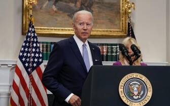 epa10033396 US President Joe Biden arrives to sign into law S. 2938, the Bipartisan Safer Communities Act, in the Roosevelt Room at the White House in Washington, DC, USA, 25 June 2022.  EPA/Yuri Gripas / POOL