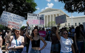 WASHINGTON, DC - JUNE 25: Abortion rights activists yell during a protest in the wake of the decision overturning Roe v. Wade  outside the U.S. Supreme Court on June 25, 2022 in Washington, DC. The Supreme Court's decision in Dobbs v Jackson Women's Health overturned the landmark 50-year-old Roe v Wade case and erased a federal right to an abortion. (Photo by Anna Moneymaker/Getty Images)