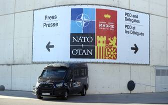 MADRID, SPAIN - JUNE 28: Police car patrols as security measures taken ahead of NATO Summit in Madrid, Spain on June 28, 2022. (Photo by Dursun Aydemir/Anadolu Agency via Getty Images)