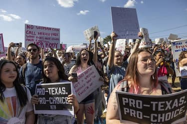 Abortion rights demonstrators during a Rally For Reproductive Freedom in Austin, Texas, US, on Sunday, June 26, 2022. The US Supreme Court overturned the 1973 Roe v. Wade decision and wiped out the constitutional right to abortion, issuing a historic ruling likely to render the procedure largely illegal in half the country and further polarize a deeply divided nation. Photographer: Alex Scott/Bloomberg via Getty Images