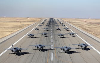 HILL AIR FORCE BASE, UT - NOVEMBER 19: Hill Air Force Bases 388th and 419th fighter wings line up 36, F-35A's on the runway to prepare for take-off on November 19, 2018 in Hill Air Force Base, Utah. This combat training exercise is to help the 388th and 419th, the only combat ready units for the F-35A's, to be ready to launch multiple aircraft on short notice in the defense of the country. (Photo by George Frey/Getty Images)