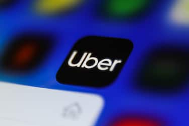 Uber icon is seen displayed on a phone screen in this illustration photo taken in Krakow, Poland on April 9, 2021. (Photo by Jakub Porzycki/NurPhoto via Getty Images)
