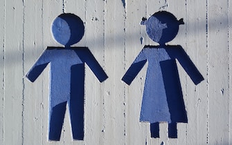 Male and female icons carved in concrete and painted in blue color