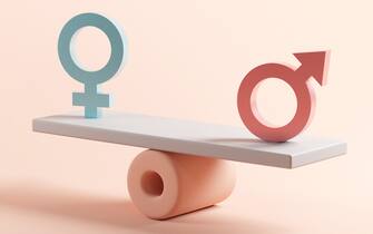 Gender equality concept.  Male and female symbol on the scales with balance on blue background.  minimal style, 3d render.