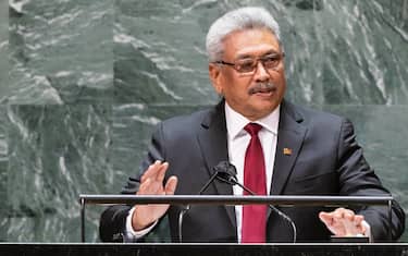 epa10062153 (FILE) - Sri Lanka's President Gotabaya Rajapaksa addresses the General Debate of the 76th Session of the United Nations General Assembly in New York, New York, USA, 22 September 2021 (reissued 09 July 2022). Sri Lankan President Rajapaksa on 09 July 2022 has agreed to resign on 13 July, the parliament's speaker said in a statement after a party leaders' meeting. Thousands of protesters broke through police barricades and stormed the president's official residence during anti-government protest in Colombo. Violent protests have been rocking the country for months over the government's alleged failure to address the worst economic crisis in decades.  EPA/JUSTIN LANE *** Local Caption *** 57188265