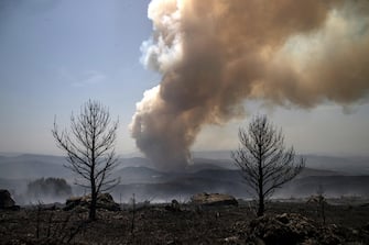epaselect epa10076017 A column of smoke emerges from a forest fire in A Pobra de Brollon, Galicia, Spain, 17 July 2022. A total of 12 forest fires are actives in the region with 4,430 hectares burned.  EPA / ELISEO TRIGO