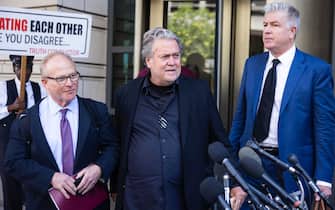 epa10086919 Steve Bannon, former advisor to President Trump, speaks outside the DC federal courthouse after being found guilty on two counts of contempt of Congress in Washington, DC, USA, 22 July 2022. Bannon is flanked by his attorneys, David Schoen (L) and M. Evan Corcoran (R). Bannon was found guilty on two criminal charges related to his failure to comply with a subpoena from the House Select Committee to Investigate the January 6 Attack on the Capitol.  EPA/JIM LO SCALZO