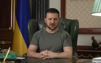 In un fermo immagine tratto dal discorso video serale il presidente ucraino Volodymyr Zelensky ha affermato che'' l'Onu è responsabile del rispetto dell'accordo sull'esportazione di cereali ucraini raggiunto a Istanbul''. 22 luglio 2022. TELEGRAM ZELENSKY ++HO - NO SALES EDITORIAL USE ONLY++