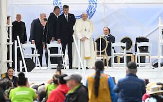 Pope Francis arrives to speak to members of the Indigenous community at Muskwa Park in Maskwacis, Alberta, Canada, on July 25, 2022. - Pope Francis will make a historic personal apology Monday to Indigenous survivors of child abuse committed over decades at Catholic-run institutions in Canada, at the start of a week-long visit he has described as a "penitential journey." (Photo by Patrick T. FALLON / AFP) (Photo by PATRICK T. FALLON/AFP via Getty Images)