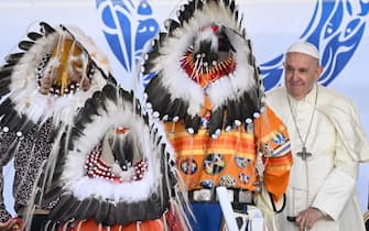 Pope Francis meets with Indigenous leaders at Muskwa Park in Maskwacis, Alberta, Canada, on July 25, 2022. - Pope Francis will make a historic personal apology Monday to Indigenous survivors of child abuse committed over decades at Catholic-run institutions in Canada, at the start of a week-long visit he has described as a "penitential journey." (Photo by Patrick T. FALLON / AFP) (Photo by PATRICK T. FALLON/AFP via Getty Images)
