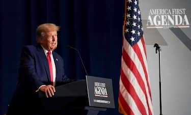 epa10092831 Former US President Donald J. Trump delivers remarks during the America First Policy Institute s America First Agenda Summit in Washington, DC, USA, 26 July 2022. The speech is former President Trump s first appearance in Washington since leaving office.  EPA/SHAWN THEW