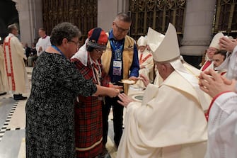 In a handout photo provide by Vatican Media, Pope Francis leads a mass at the National Shrine of Sainte-Anne-de-Beaupre, 30 kilometers from Quebec City, Canada, 28 July 2022. The five?-days visit is the first papal visit to Canada in 20 years. ANSA/VATICAN MEDIA +++ HO NO SALES - DITORIAL USE ONLY +++ o +++ ANSA PROVIDES ACCESS TO THIS HANDOUT PHOTO TO BE USED SOLELY TO ILLUSTRATE NEWS REPORTING OR COMMENTARY ON THE FACTS OR EVENTS DEPICTED IN THIS IMAGE; NO ARCHIVING; NO LICENSING +++