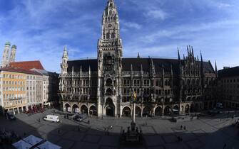 20 October 2020, Bavaria, Munich: The Marienplatz with the Munich City Hall can be seen from the Presseclub under a blue and white sky. Photo: Felix HÃ¶rhager/dpa (Photo by Felix HÃ¶rhager/picture alliance via Getty Images)