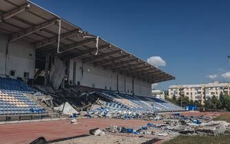 BAKHMUT, UKRAINE - JUL 28: A view of the damage at a football stadium after a shelling in Bakhmut, Ukraine on July 28, 2022. (Photo by Diego Herrera Carcedo/Anadolu Agency via Getty Images)