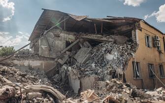 BAKHMUT, UKRAINE - JUL 28: A view of the ruins of the Atlantic Hotel shelled in Bakhmut, Ukraine on July 28, 2022. (Photo by Diego Herrera Carcedo/Anadolu Agency via Getty Images)