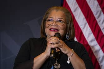 Alveda King, niece of Reverend Martin Luther King Jr., speaks during the America First Policy Institute's America First Agenda summit in Washington, D.C., US, on Monday, July 25, 2022. The non-profit think tank was formed last year by former cabinet members and top officials in the Trump administration to create platforms based on his policies. Photographer: Al Drago/Bloomberg via Getty Images