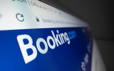 Close-up view of Booking.com logo on its website