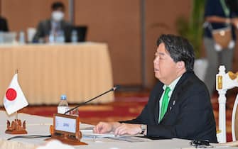 Japans Foreign Minister Yoshimasa Hayashi speaks at the ASEAN-Japan Ministerial meeting during the 55th ASEAN Foreign Ministers' Meeting in Phnom Penh on August 4, 2022. (Photo by Mohd RASFAN / AFP) (Photo by MOHD RASFAN/AFP via Getty Images)