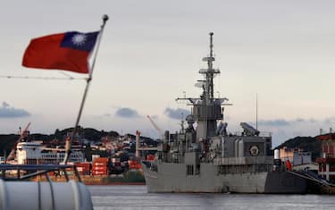 epa10106950 Taiwan Navy's Chi Yang-class frigate Ning Yang (FFG-938) is anchored at a harbour in Keelung city, Taiwan, 05 August 2022. Following a visit of US House of Representatives Speaker Pelosi to Taiwan, the Chinese military started to hold a series of live-fire drills in six maritime areas around Taiwan's main island, planned from 04 to 07 August 2022.  EPA/RITCHIE B. TONGO