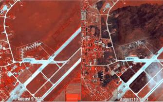 NPK Almeno otto aerei da guerra russi sono stati danneggiati o distrutti nell'attacco alla base aerea di Saky in Crimea di due giorni fa: lo mostrano immagini satellitari riprese dall'operatore sprivato Planet Labs. I media internazionali pubblicano le foto di prima e dopo l'attacco mostrando la prima conferma indipendente dei danni alla base che si trova a pi? di160 chilometri dalla prima linea. Finora Kiev ha ufficialmente negato la responsabilit? dell'attacco. Mosca ha minimizzato negando che qualsiasi aereo sia stato danneggiato e ammettendo solo che "diverse munizioni sono esplose" in un'area di stoccaggio presso la struttura. FORZE ARMATE UCRAINA (NPK) +++ATTENZIONE LA FOTO NON PUO' ESSERE PUBBLICATA O RIPRODOTTA SENZA L'AUTORIZZAZIONE DELLA FONTE DI ORIGINE CUI SI RINVIA+++