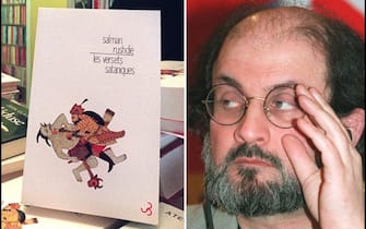 Combo picture showing India-born British writer Salman Rushdie during a press conference 16 February 1996 in Paris and a specimen of the French edition of his  book "The Satanic Verses". Rushdie has been living in hiding  since Iran's late supreme leader Ayatollah Ruhollah Khomeini issued in 1989 a "fatwa" (Islamic death sentence) against him for alleged blasphemy in his novel "The Satanic Verses". (Photo by MARCEL MOCHET and JOEL ROBINE / AFP) (Photo by MARCEL MOCHET,JOEL ROBINE/AFP via Getty Images)