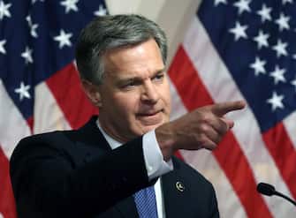 WASHINGTON, DC - JUNE 14:  FBI Director is Christopher A. Wray speaks to the media during a news conference at FBI Headquarters, on June 14, 2018 in Washington, DC. Earlier today the inspector general released a 500 page report on the Clinton email investigation.  (Photo by Mark Wilson/Getty Images)