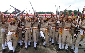 Members of Punjab state police personnel celebrate after winning the overall best March Past trophy on the occasion of India's 75th Independence Day in Chandigarh on August 15, 2022. (Photo by AFP) (Photo by -/AFP via Getty Images)
