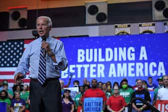 US President Joe Biden participates in a rally for the Democratic National Committee (DNC) at Richard Montgomery High School in Rockville, Maryland, on August 25, 2022. (Photo by OLIVIER DOULIERY / AFP) (Photo by OLIVIER DOULIERY/AFP via Getty Images)