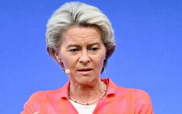 European Commission President Ursula von der Leyen talks as she attends a discussion event titled 'How to achieve a climate-friendly Europe' with German Minister of Economy and Climate Protection Robert Habeck (unseen) in Berlin, Germany, 29 August 2022.  ANSA/FILIP SINGER