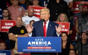 epa10158590 Former President Donald J. Trump speaks at the Mohegan Sun Arena in Wilkes-Barre, Pennsylvania, USA, 03 September 2022. This is Trump s first public appearance since the 08 August raid of Mar-a-Lago in Palm Beach, Florida.  EPA / TRACIE VAN AUKEN