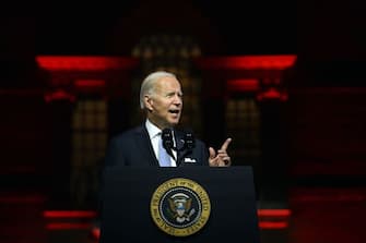 US President Joe Biden speaks about the soul of the nation, outside of Independence National Historical Park in Philadelphia, Pennsylvania, on September 1, 2022. (Photo by Jim WATSON / AFP) (Photo by JIM WATSON/AFP via Getty Images)