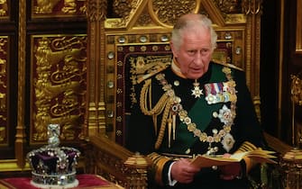 Prince Charles reads the Queen's speech next to her crown during the State Opening of Parliament, at the Palace of Westminster in London, Tuesday, May 10, 2022. Queen Elizabeth II did not attend the opening of Parliament amid ongoing mobility issues., Credit:Alastair Grant / Avalon