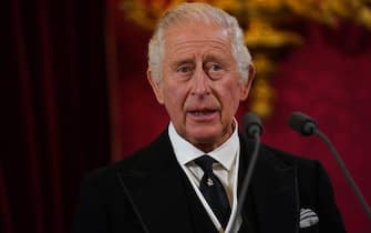 TOPSHOT - Britain's King Charles III speaks during a meeting of the Accession Council inside St James's Palace in London on September 10, 2022, to proclaim him as the new King. - Britain's Charles III was officially proclaimed King in a ceremony on Saturday, a day after he vowed in his first speech to mourning subjects that he would emulate his "darling mama", Queen Elizabeth II who died on September 8. (Photo by Victoria Jones / POOL / AFP) (Photo by VICTORIA JONES/POOL/AFP via Getty Images)