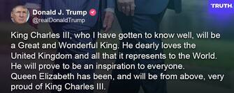 Secondo Trump, il Re Carlo III, “che ho avuto modo di conoscere, sarà un Re grande e meraviglioso”