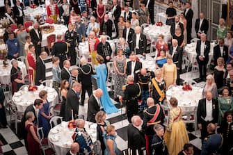 epa10179235 King Carl Gustav XVI and Queen Silvia of Sweden (blue dress) attend a gala banquet at Christiansborg Palace in Copenhagen, Denmark, 11 September 2022 (issued 12 September 2022). The banquet was held to mark the 50th anniversary of Danish Queen Margrethe II's accession to the throne.  EPA/Mads Claus Rasmussen  DENMARK OUT