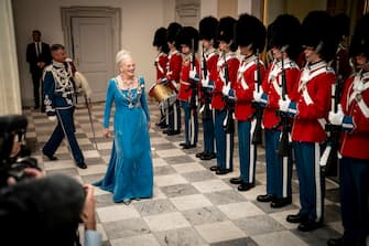 epa10179222 Danish Queen Margrethe (C) arrives to a gala banquet at Christiansborg Palace in Copenhagen, Denmark, 11 September 2022. The banquet was held to mark the 50th anniversary of Danish Queen Margrethe II's accession to the throne.  EPA/Mads Claus Rasmussen  DENMARK OUT