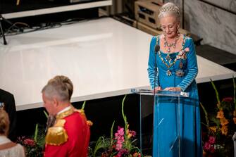 epa10179225 Danish Queen Margrethe gives a speech at a gala banquet at Christiansborg Palace in Copenhagen, Denmark, 11 September 2022. The banquet was held to mark the 50th anniversary of Danish Queen Margrethe II's accession to the throne.  EPA/Mads Claus Rasmussen  DENMARK OUT