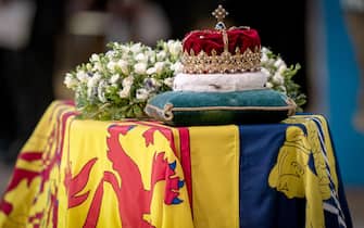 The Scottish crown rests on top of the coffin during the Service of Prayer and Reflection for the Life of Queen Elizabeth II at St Giles' Cathedral, Edinburgh. Picture date: Monday September 12, 2022.