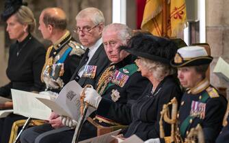(left to right) The Countess of Wessex, the Earl of Wessex, the Duke of York, King Charles III, the Queen Consort, and the Princess Royal during a Service of Prayer and Reflection for the Life of Queen Elizabeth II at St Giles' Cathedral, Edinburgh. Picture date: Monday September 12, 2022.