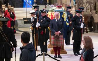 King Charles III and other members of the royal family hold a vigil at St Giles' Cathedral, Edinburgh, in honour of Queen Elizabeth II. Picture date: Monday September 12, 2022.