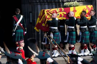 Queen Elizabeth II coffin is carried into to St Giles' Cathedral, Edinburgh. Picture date: Monday September 12, 2022. (Photo by Jacob King/PA Images via Getty Images)