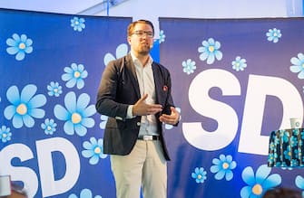 Jimmy Ã… ksesson, leader of the ultra nationalist Sweden Democrats, currently Sweden's third largest party, holds a press conference at Almedalen week in Visby on July 7 2016 (Photo by Julia Reinhart / NurPhoto via Getty Images)